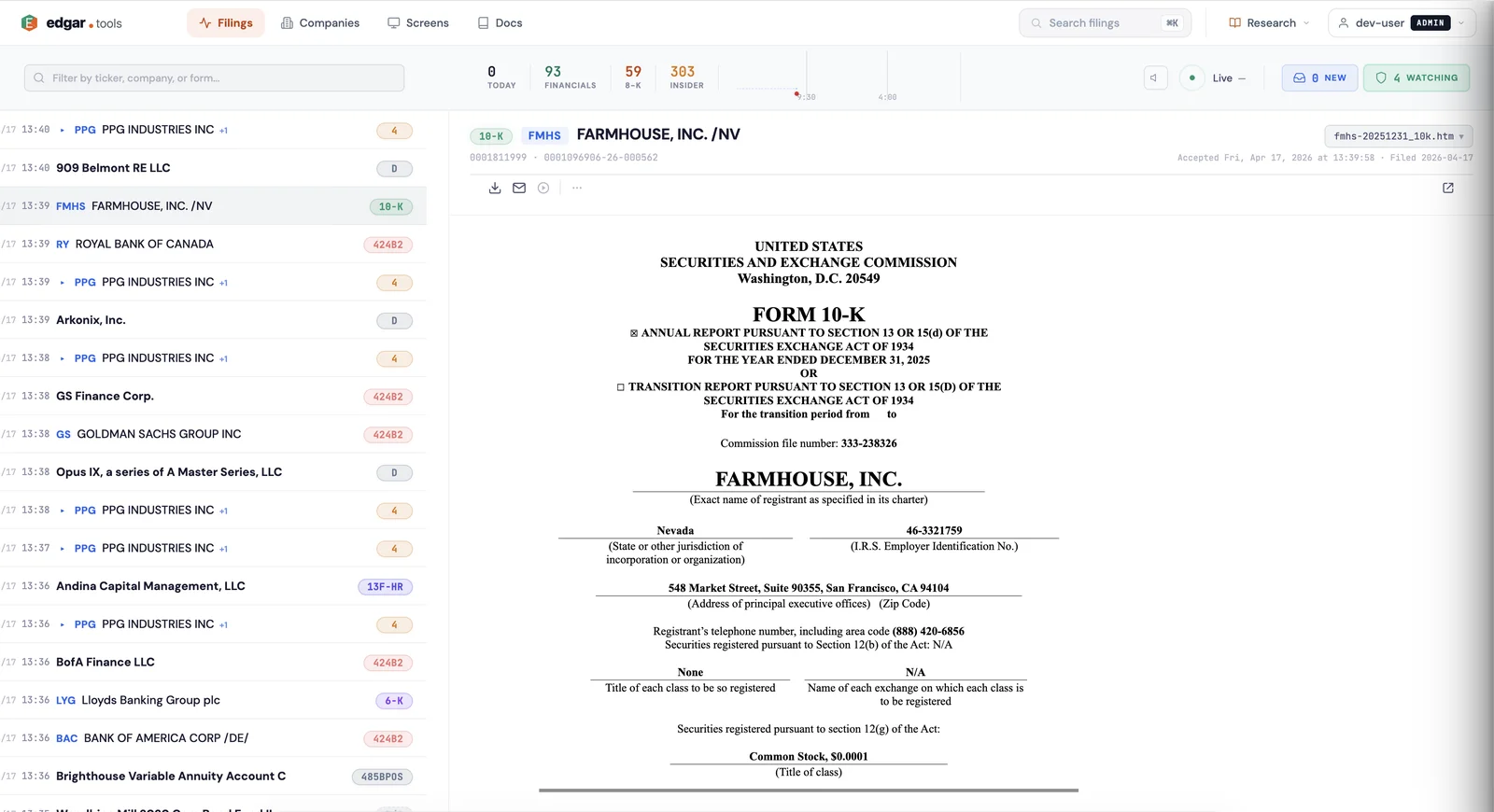 Filing viewer for a Farmhouse Inc 10-K, showing the live filings timeline on the left and the rendered Form 10-K cover page in the analysis panel on the right with the document picker control in the top-right corner