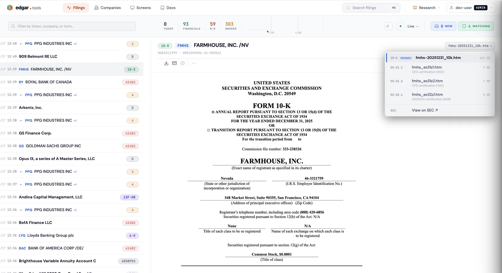 Document picker open on a 10-K filing showing the primary 10-K (612 KB), three exhibits (EX-31.1 CEO certification, EX-31.2 CFO certification, EX-32.1 CEO/CFO certification 906) with sizes, and a View on SEC link at the bottom