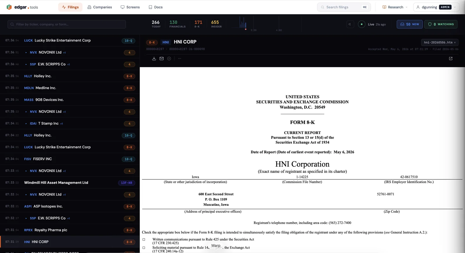 Live filing stream showing the unified timeline of recent SEC filings on the left, with an open 8-K filing from HNI Corporation in the analysis panel on the right