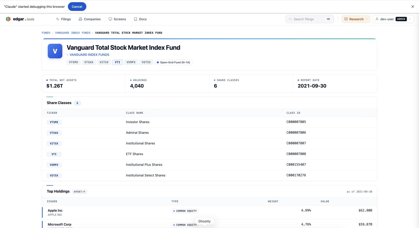 VTI fund profile page showing the breadcrumb (Funds → Vanguard Index Funds → VTI), Vanguard Total Stock Market Index Fund title, share class chips (VTSMX, VTSAX, VITSX, VTI, VSMPX, VSTSX), Open-End Fund (N-1A) badge, stat cards (Total Net Assets $1.26T, Holdings 4,040, Share Classes 6, Report Date 2021-09-30), share class table, and Top Holdings from NPORT-P with Apple at 4.99% / $62.80B, Microsoft at 4.76% / $59.87B