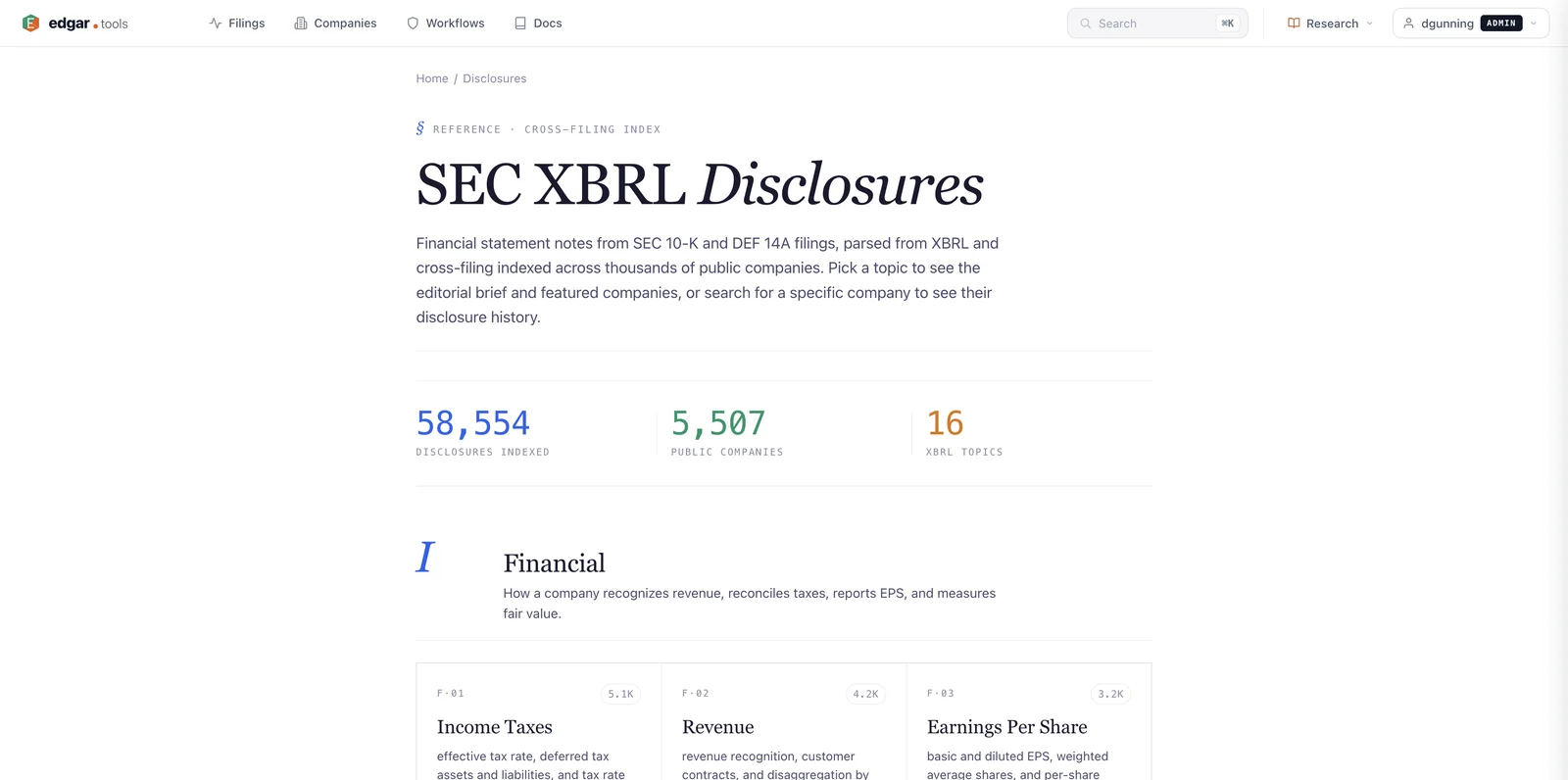 The /disclosures Browse-by-Topic index showing 58,554 XBRL disclosures across 5,507 public companies, with topic cards for Income Taxes, Revenue, and Earnings Per Share under the Financial category