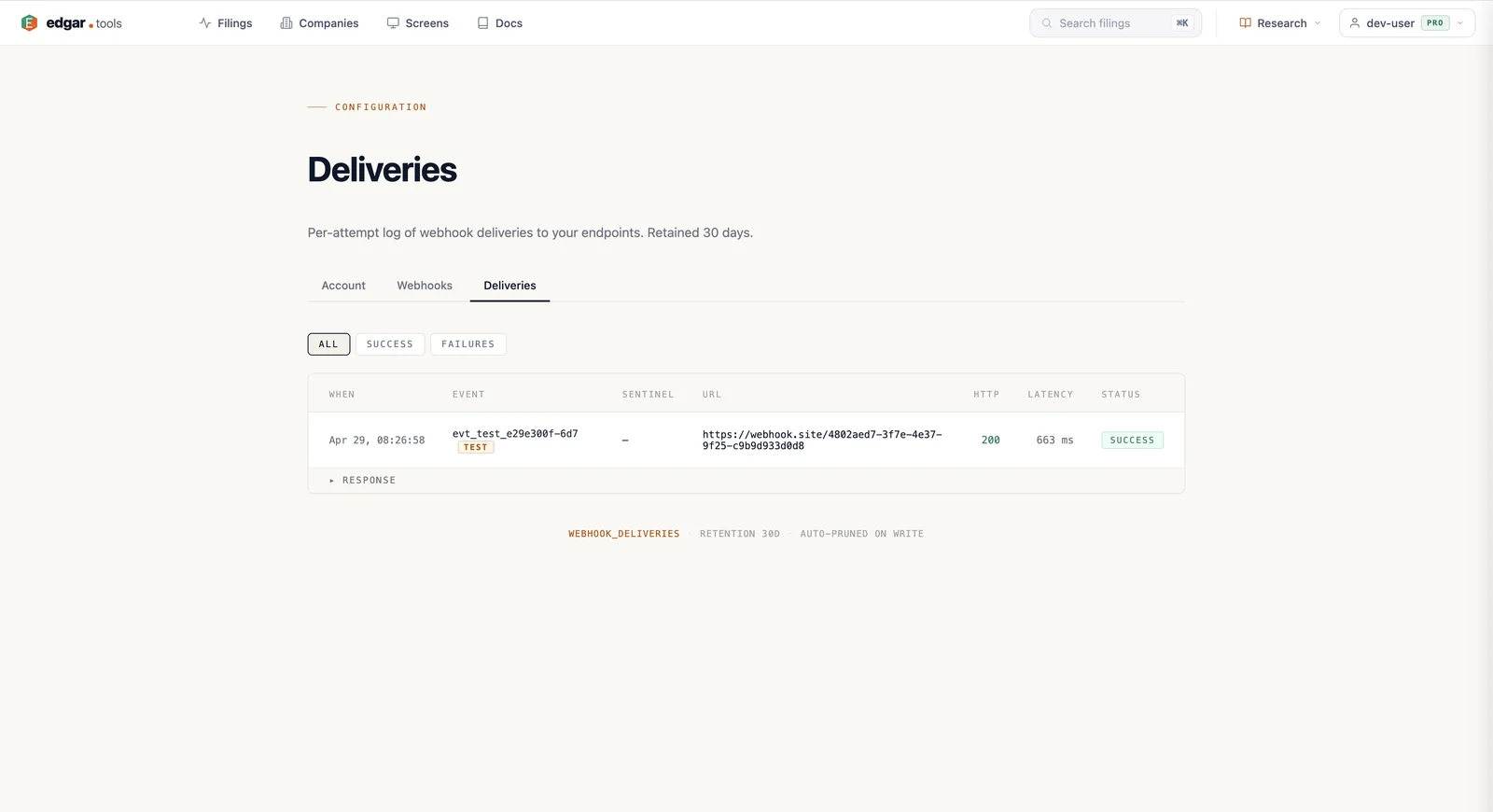 Deliveries page showing the per-attempt log table with All / Success / Failures filter tabs and one delivery row for a TEST event hitting webhook.site, returning HTTP 200 in 663 ms with SUCCESS status